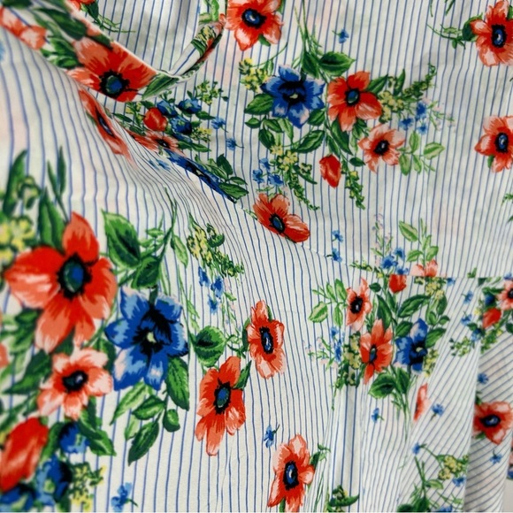 Meg & Margot Stripes Floral Blue Green Coral White Ruffle Front Belt S - Picture 5 of 9
